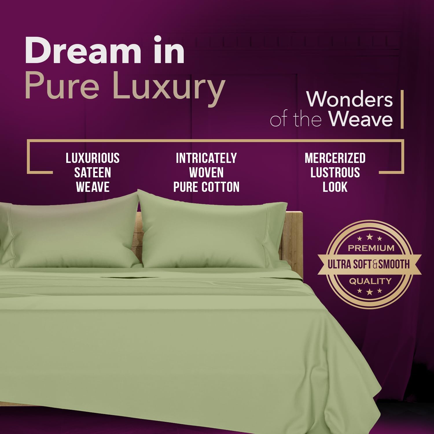 TEXAS LINEN CO. 100% Egyptian Cotton Queen Sheets Set - Luxury 1200 Series Star Sleepin' Collection Egyptian Cotton Sheets Queen Size (4 PC, Sage Green), 17' Deep Pocket, Cooling Sateen Hotel Bedding
