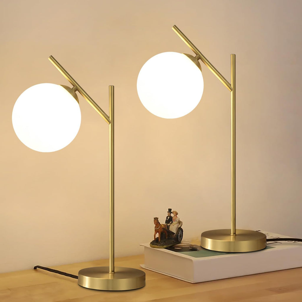 Globe Table Lamp Set of 2, Brass Glass Globe Desk Lamp with Milky White Glass Shade, Contemporary Metal Bedside lamp for Bedroom Living Room Study Room