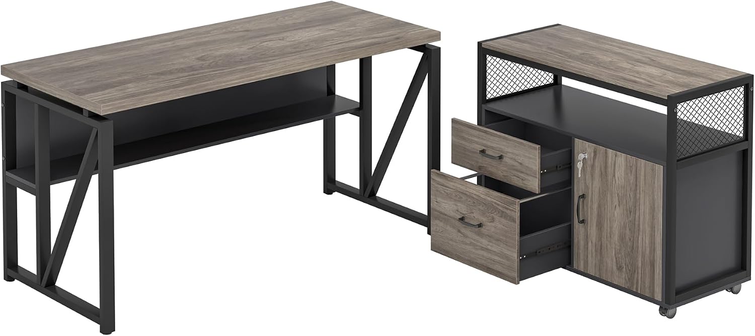 Tribesigns Grey Executive Desk with Cabinet, 55' L Shaped Computer Desk and lateral File Cabinet with Locks, 2 Piece Home Office Furniture Set for Hanging