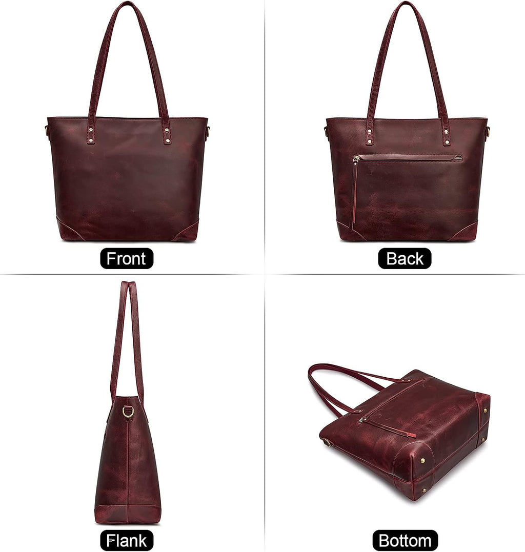 S-ZONE Vintage Genuine Leather Shoulder Bag Work Totes for Women Purse Handbag with Back Zipper Pocket Large