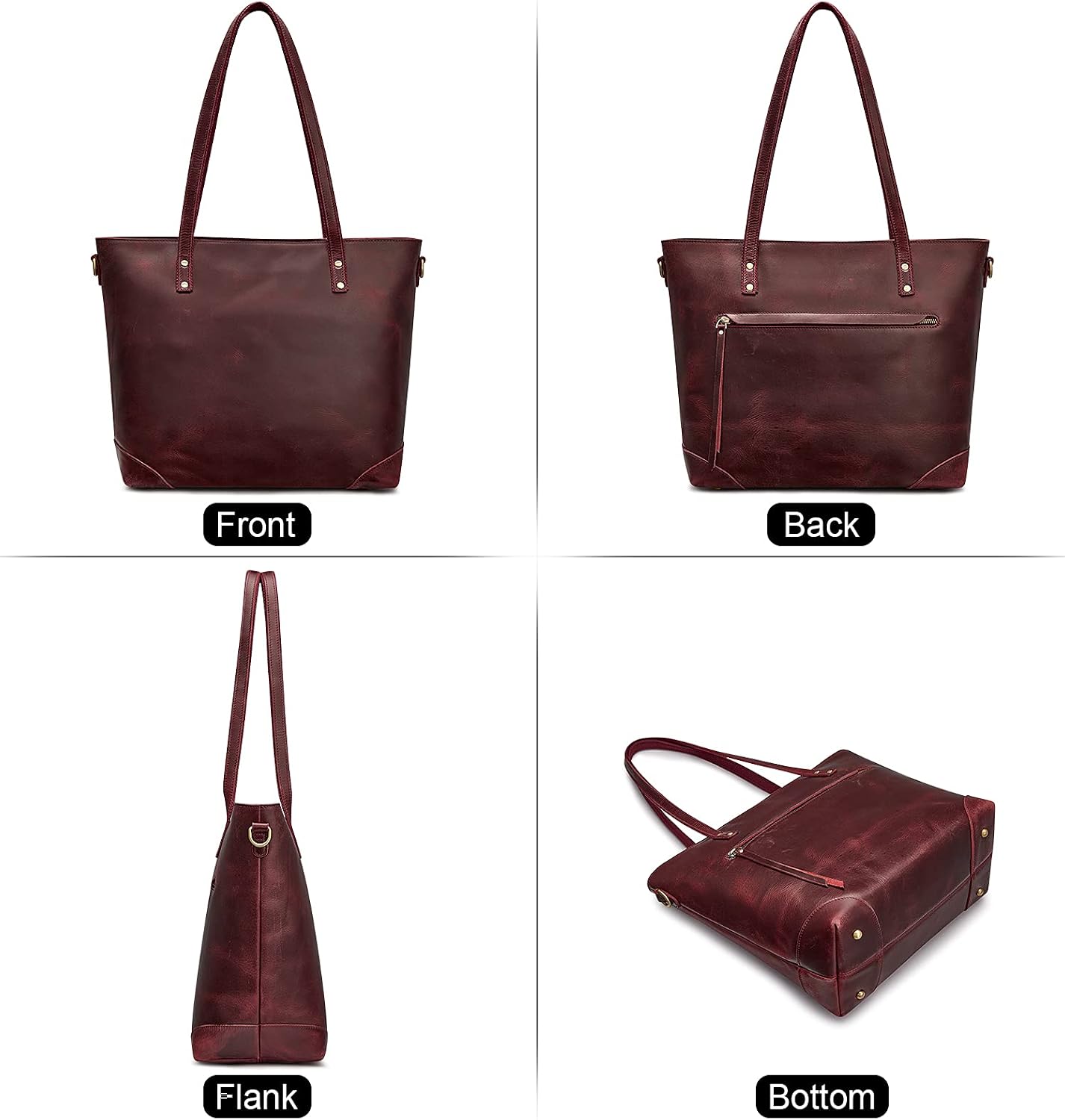 S-ZONE Vintage Genuine Leather Shoulder Bag Work Totes for Women Purse Handbag with Back Zipper Pocket Large
