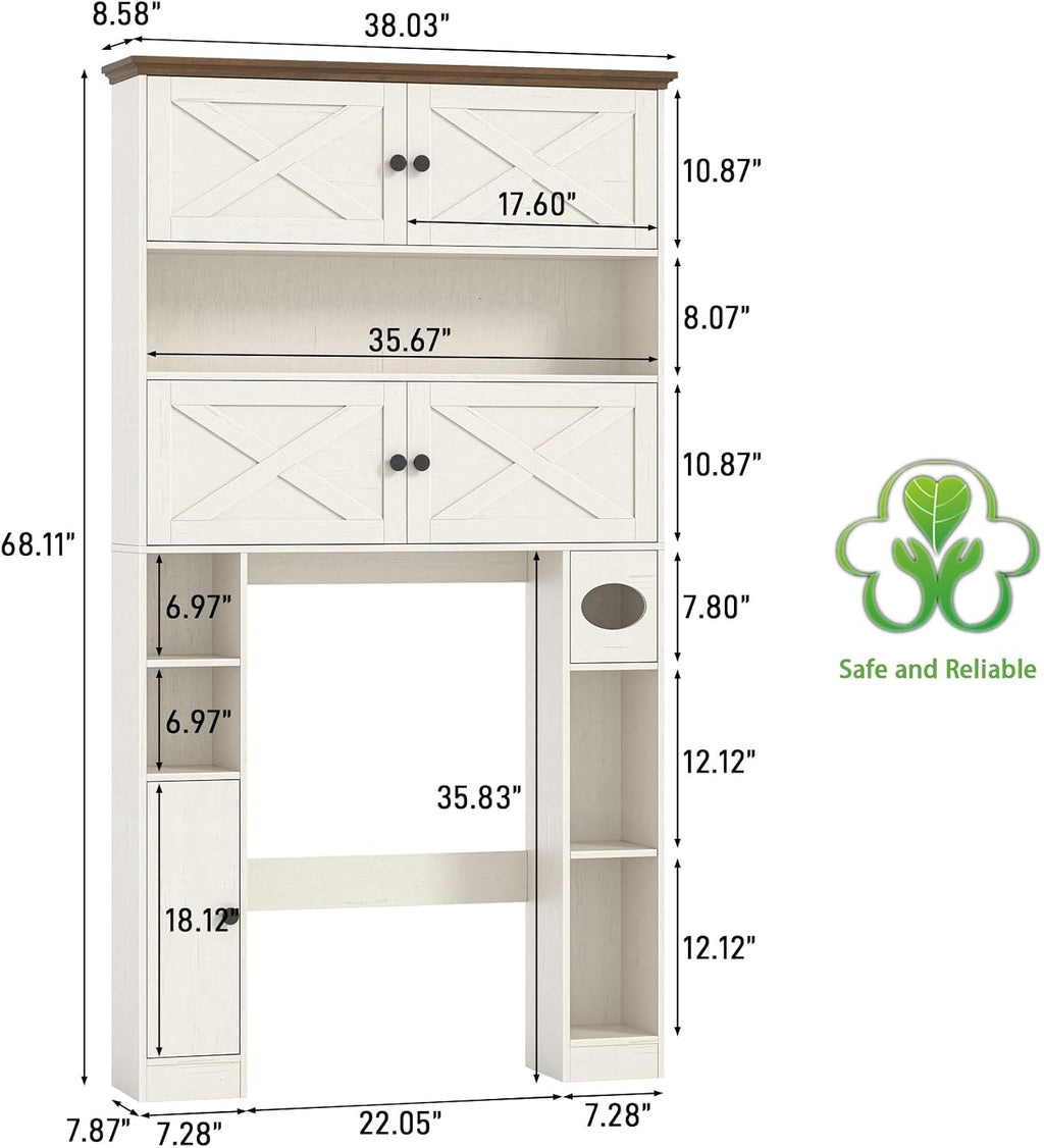 Over The Toilet Storage Cabinet, Farmhouse Storage Over Toilet with 4 Barn Doors & Adjustable Shelf, Space Saving Bathroom Organizer with Toilet Paper Holder Stand for Bathroom, Laundry, Rustic White