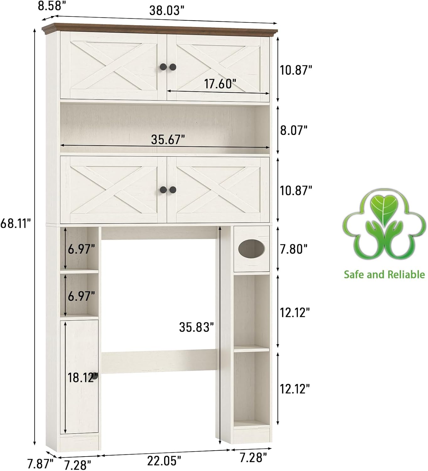Over The Toilet Storage Cabinet, Farmhouse Storage Over Toilet with 4 Barn Doors & Adjustable Shelf, Space Saving Bathroom Organizer with Toilet Paper Holder Stand for Bathroom, Laundry, Rustic White