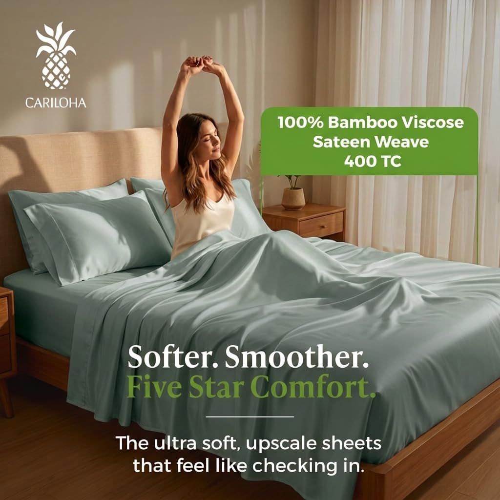 Cariloha Resort 4-Piece Sateen Sheet Set | Ocean Mist | King | Viscose Material | Allergy Resistant, Naturally Thermal-Regulating, Extra Soft Cooling Sheets for Hot Sleepers