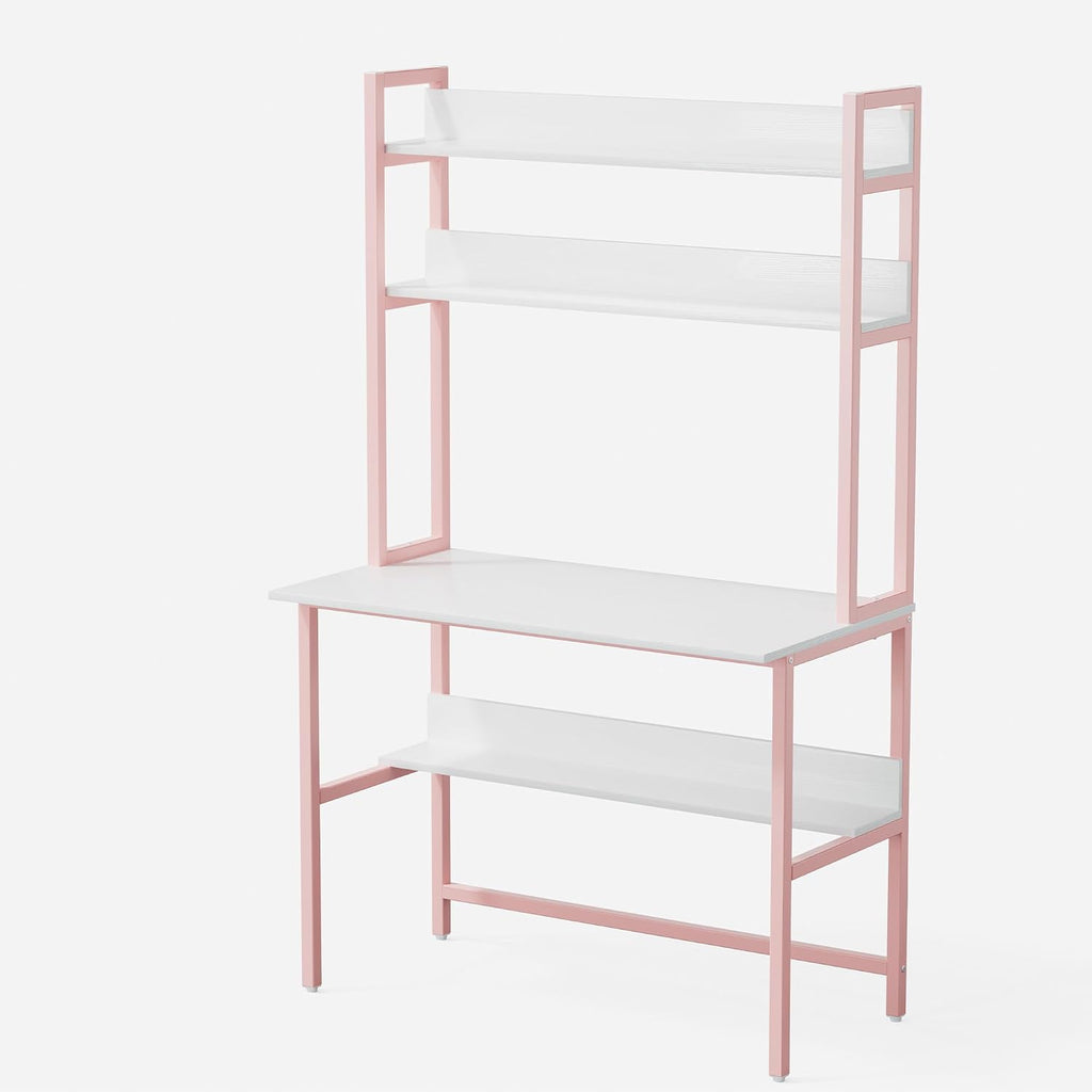 Aquzee Girls Desk with Hutch, 40'W x 19.6' D Computer Desk with Shelves, Tall Home Office Desk with Bookshelf, Metal Legs Study Table with Upper Storage Shelf for Study Writing/Workstation, Pink