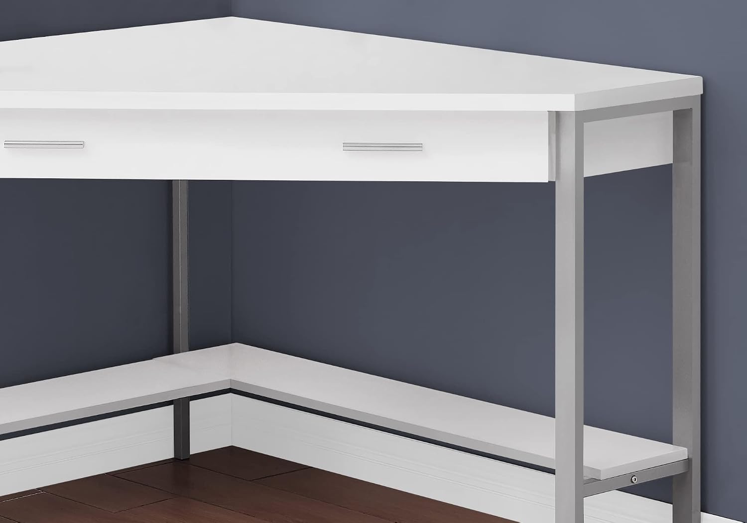 Pemberly Row Corner Computer Desk, 42 in, Particle Board and Metal, White and Silver Finish, 1 Drawer, Bottom Shelf, Contemporary Home Office Workstation for Small Spaces