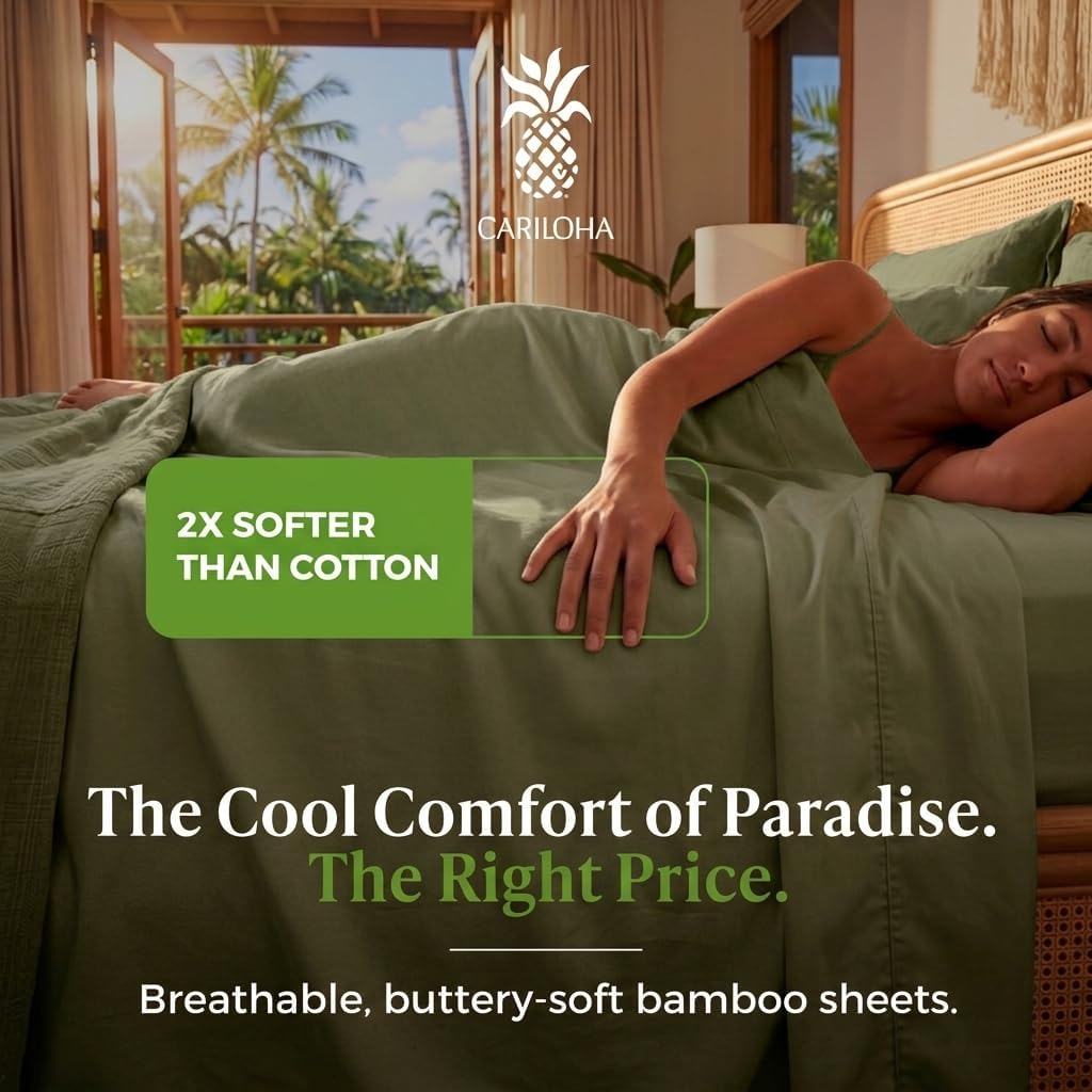 Cariloha Aloha Soft 100% Organic Bamboo Viscose Sheets – 4-Piece Queen Sheet Set – 16 in Deep Pockets – Buttery Soft, Hypoallergenic, Cooling Sheets – Oeko-TEX Standard 100 – Coastal Pine