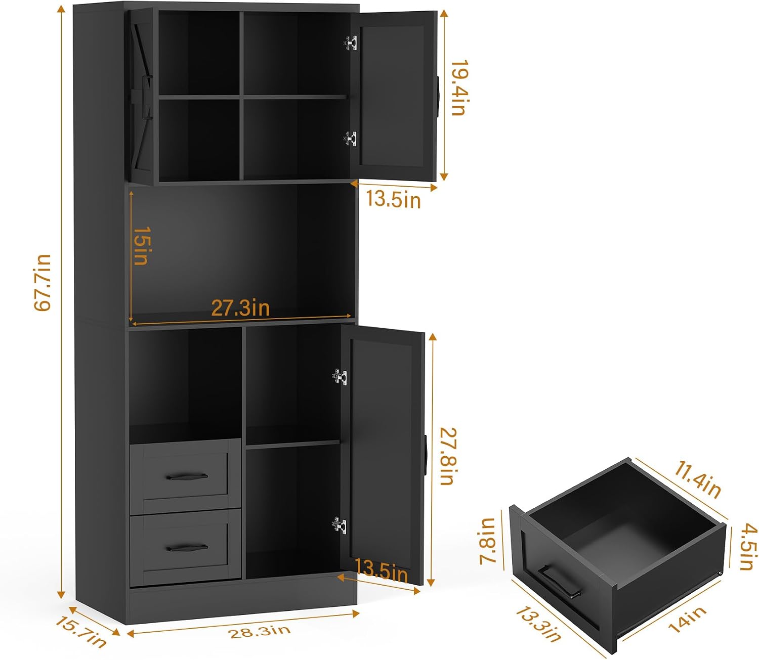 Bigbiglife Farmhouse Kitchen Pantry Cabinet with LED Lights and Power Strip, Tall Kitchen Storage Cabinet, Kitchen Hutch with Microwave Stand & Barn Doors and Drawers for Dining Room