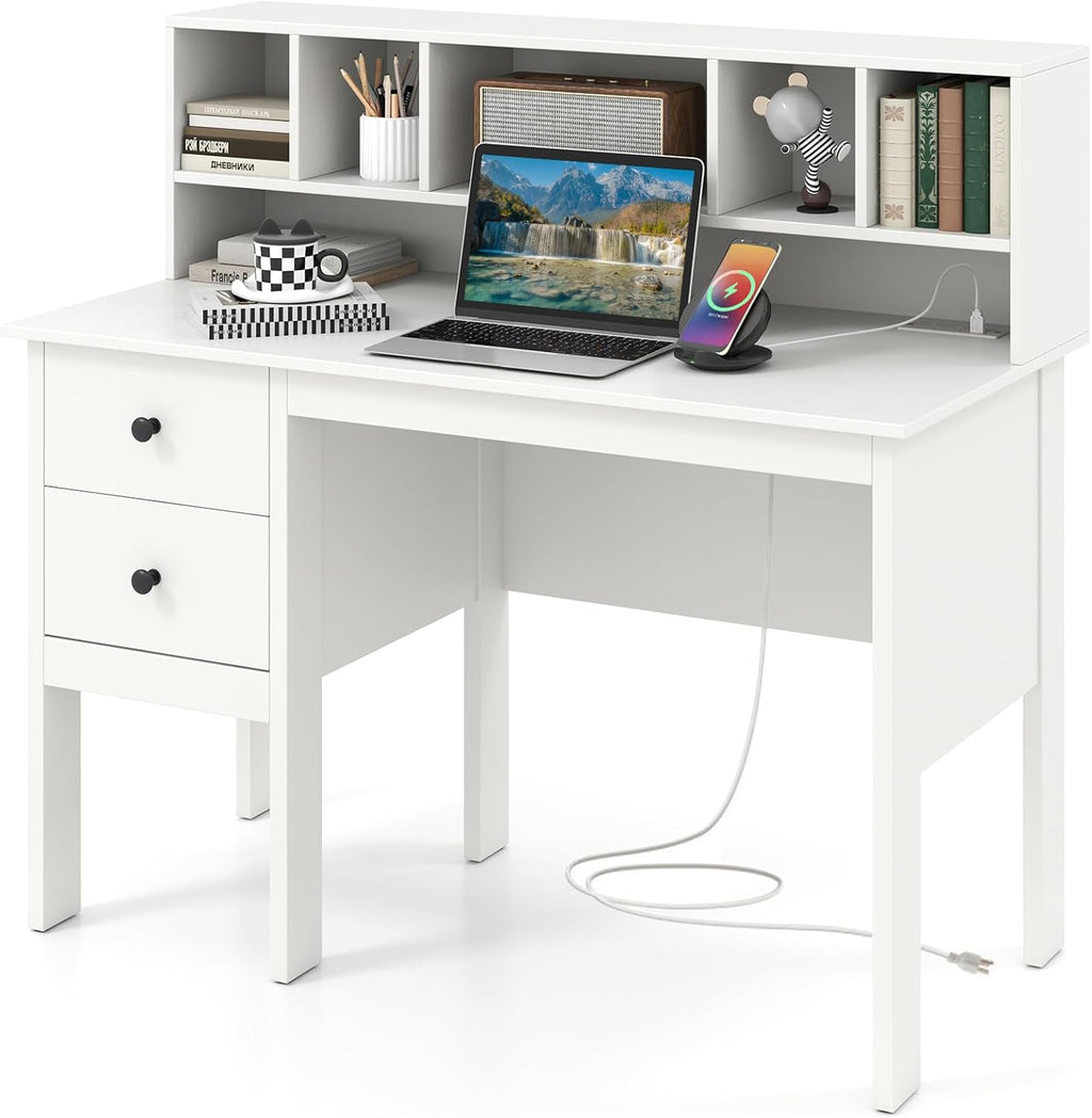 Tangkula White Desk with Drawers & Hutch, Modern Home Office Desk Writing Study Desk with Charging Station, Laptop Desk with 5 Storage Compartments, Computer Workstation Makeup Vanity Desk