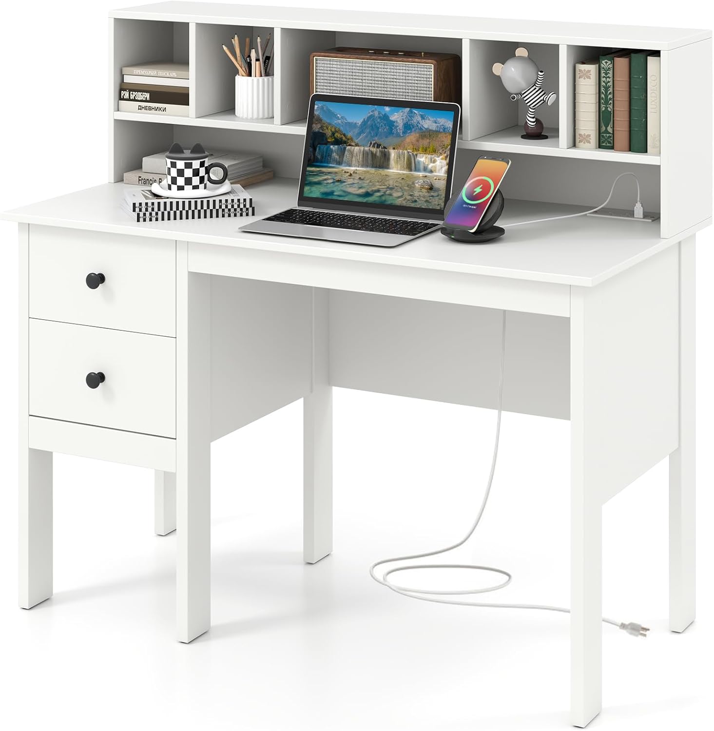 Tangkula White Desk with Drawers & Hutch, Modern Home Office Desk Writing Study Desk with Charging Station, Laptop Desk with 5 Storage Compartments, Computer Workstation Makeup Vanity Desk