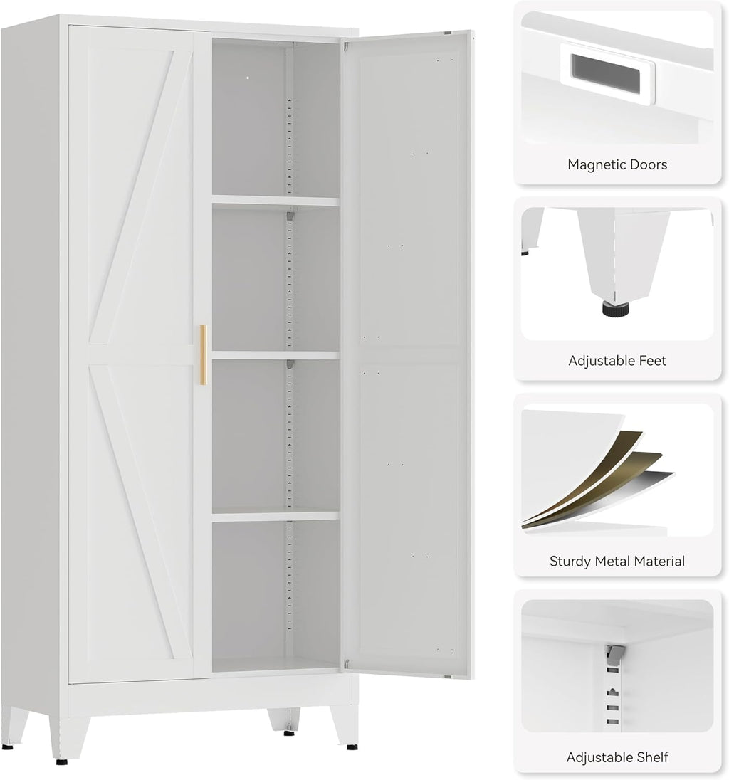 61' Tall Pantry Cabinet, White Metal Pantry Storage Cabinet, Kitchen Pantry Storage Cabinets with 2 Door and 3 Adjustable Shelves (White, 61' H)
