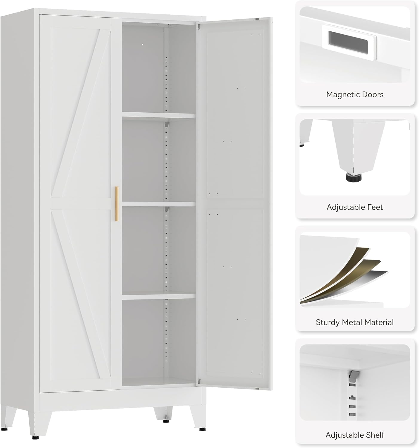 61' Tall Pantry Cabinet, White Metal Pantry Storage Cabinet, Kitchen Pantry Storage Cabinets with 2 Door and 3 Adjustable Shelves (White, 61' H)
