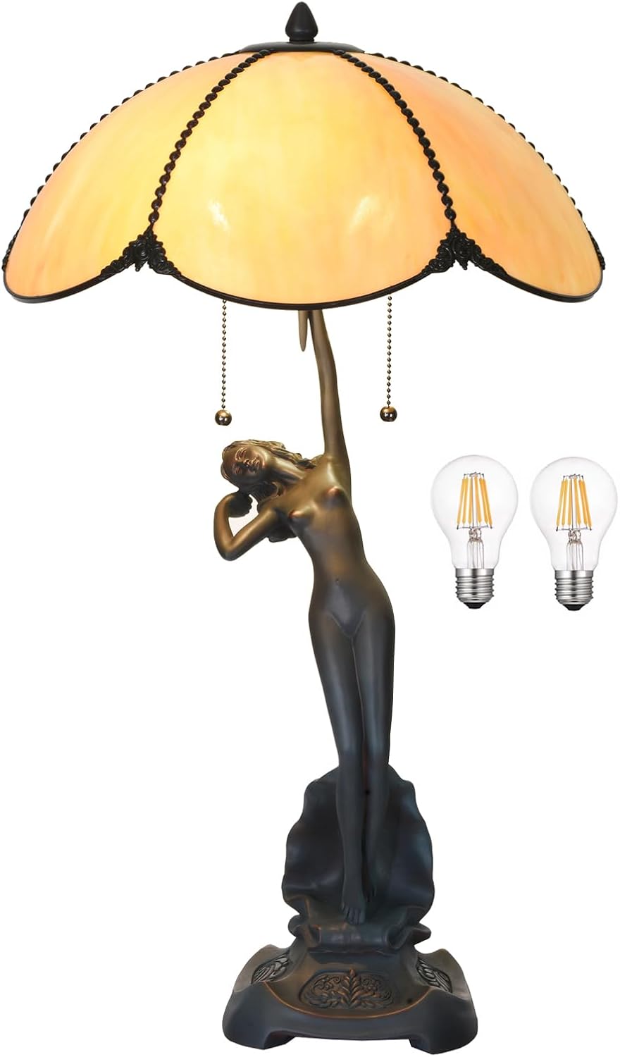 TL0033 Tiffany Style Table Lamp Handmade Stained Glass Umbrella Shade with Lady Sculpture Base W 15.75 X OH 27 Inches, Art Nouveau Lamp for Home Office, LED Bulbs Included
