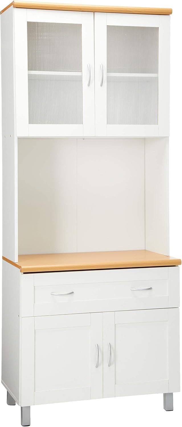 HODEDAH IMPORT Tall Standing Kitchen Cabinet with Top and Bottom Enclosed Cabinet Space, 1-Drawer, Large Open Space for Microwave in White