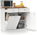 POWERSTONE Hidden Tilt Out Trash Cabinet Kitchen Island with 2 Drawers & Adjustable Shelf, Rubber Wood Countertop, Freestanding Laundry Hamper Recycle Bins, Pet Proof Garbage Can Holder White