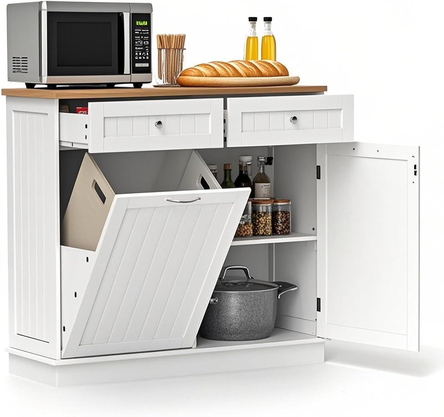 POWERSTONE Hidden Tilt Out Trash Cabinet Kitchen Island with 2 Drawers & Adjustable Shelf, Rubber Wood Countertop, Freestanding Laundry Hamper Recycle Bins, Pet Proof Garbage Can Holder White