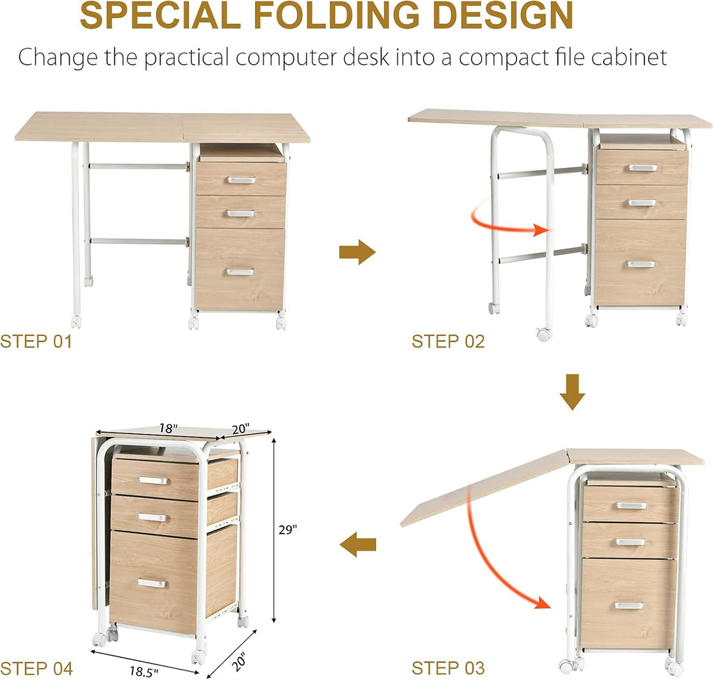 Tangkula Folding Computer Desk with 3 Storage Drawers, Mobile Home Office Desk Study Writing Desk with Smooth Wheels, Space Saving Compact Desk for Dorm Apartment, Rolling Folding Desk Table