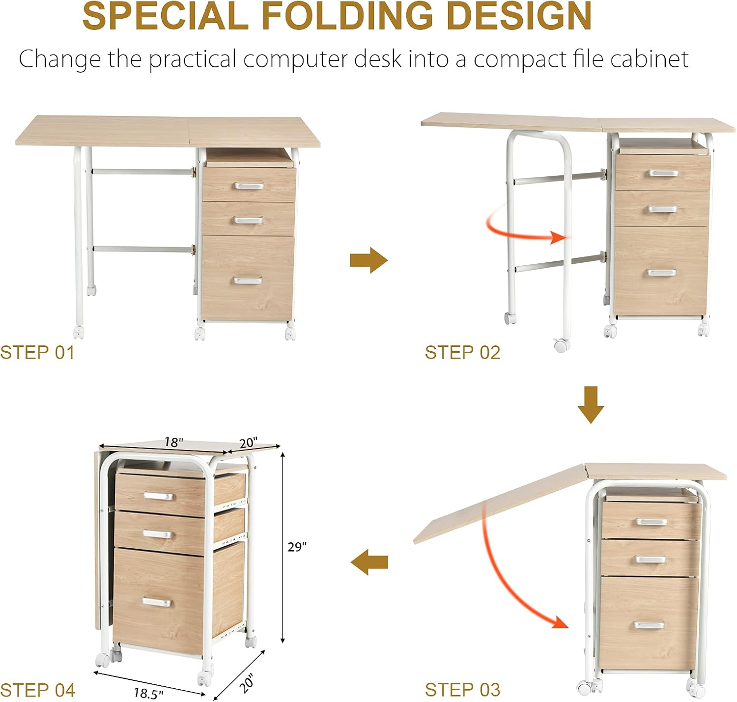 Tangkula Folding Computer Desk with 3 Storage Drawers, Mobile Home Office Desk Study Writing Desk with Smooth Wheels, Space Saving Compact Desk for Dorm Apartment, Rolling Folding Desk Table