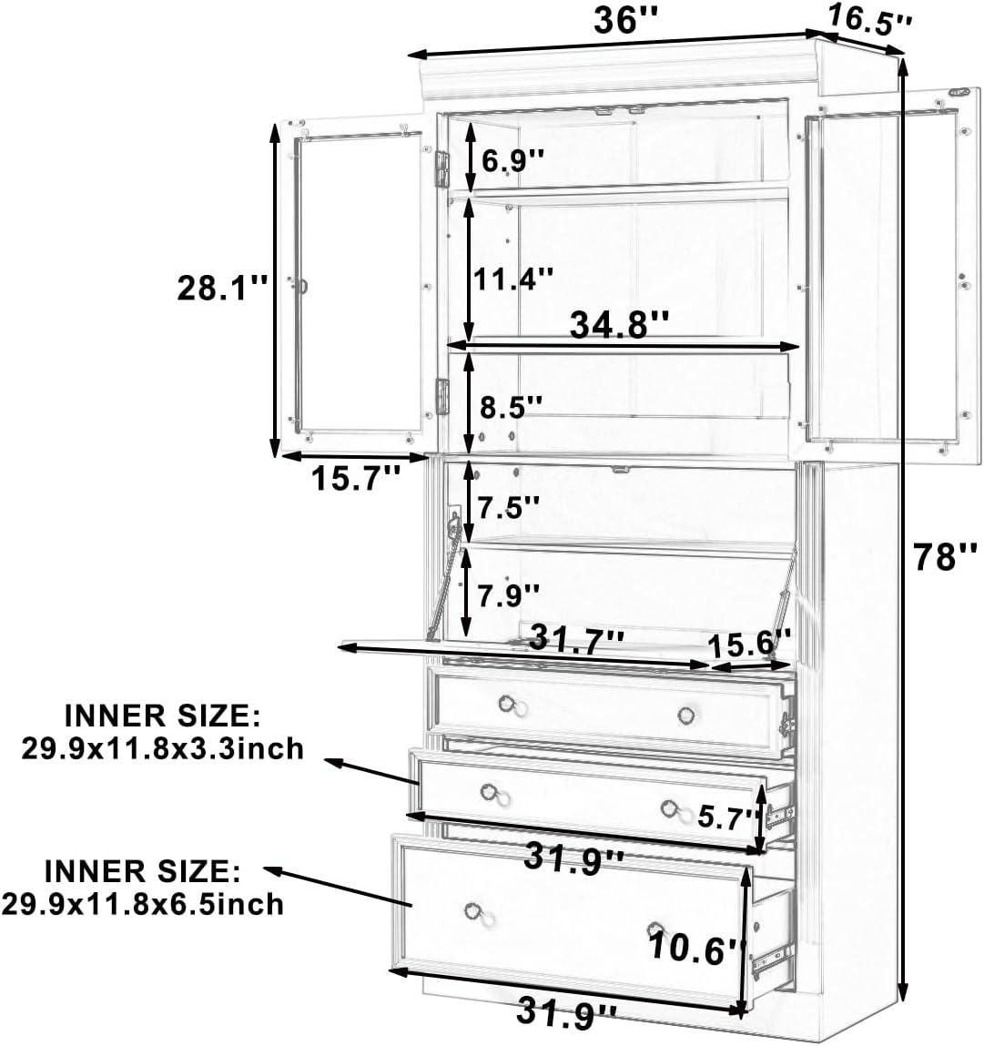 78 inch Tall Kitchen Pantry Cabinet with 3 Drawers and Adjustable Shelves, Wood Storage Cabinet with Drop-Down Surface and Glass Doors for Dining Room and Living Room (Natural//3)