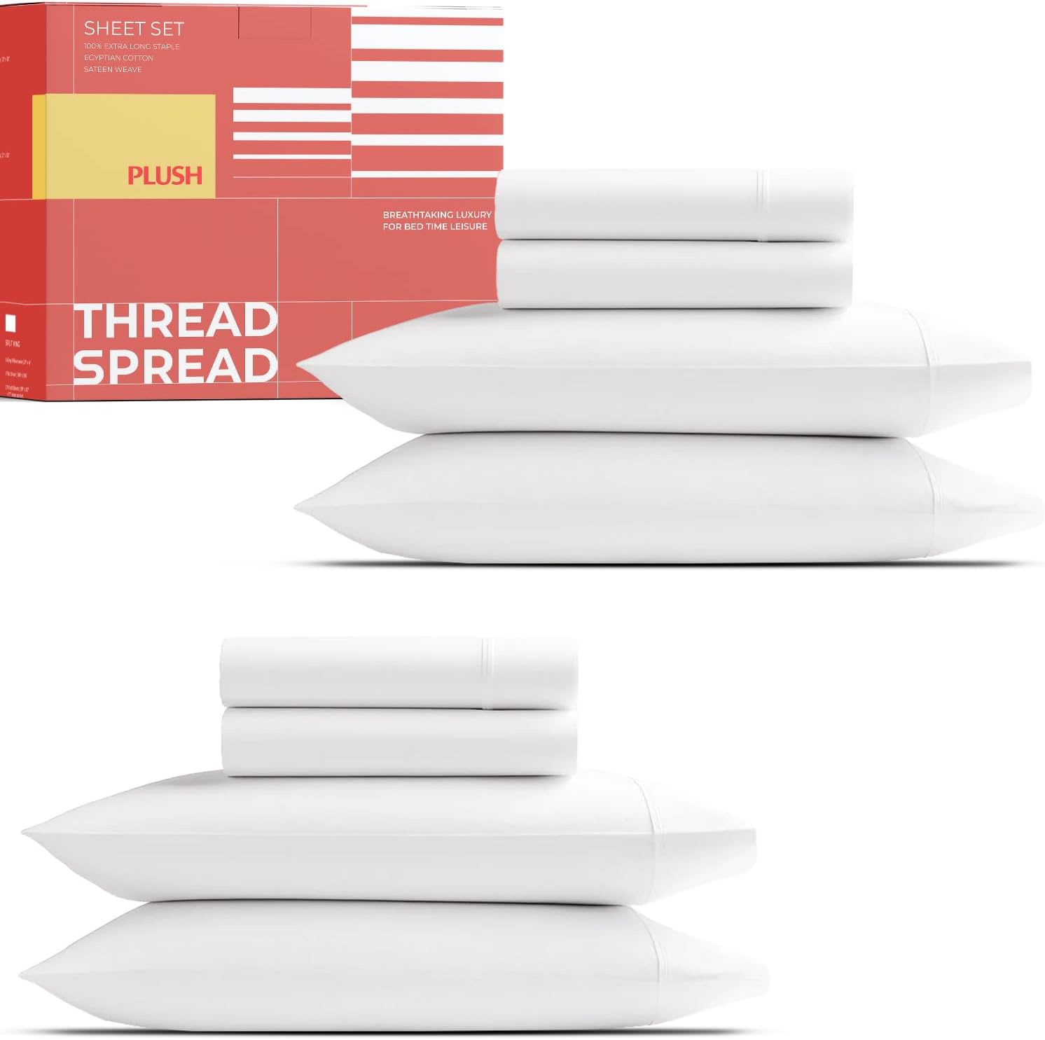 THREAD SPREAD 100% Egyptian Cotton Queen Size Sheet Set Pack of 2 - Luxury 1200 Series Plush Collection Egyptian Cotton Sheets Queen Size Silky Soft Cooling, Sateen 17' Deep Pocket Bedsheets - White