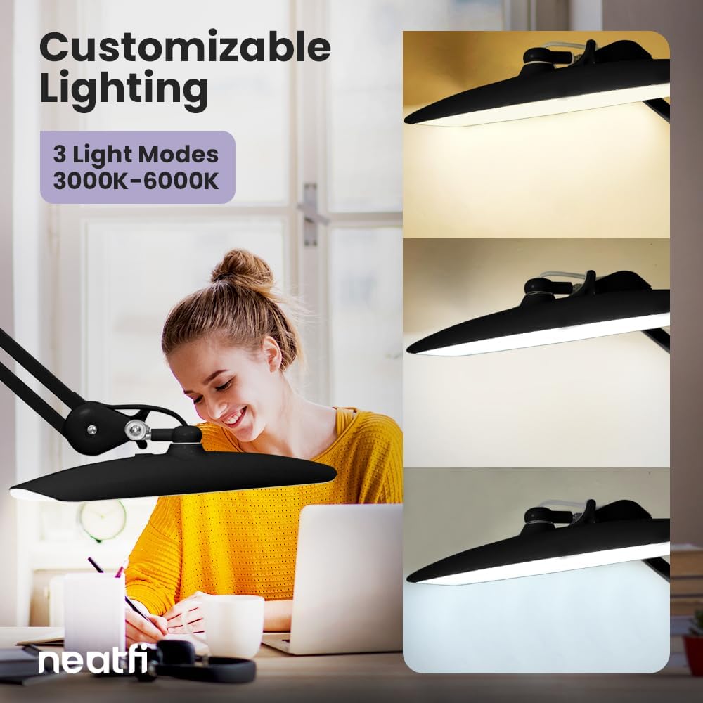 Neatfi XL 2200 Lumens 20W LED Desk Lamp with Clamp – Adjustable Color Temperature | 4-Level Dimmable Light | Home Office, Crafts & Workbench | 20-Inch Wide Head (Black, CCT with Clamp)