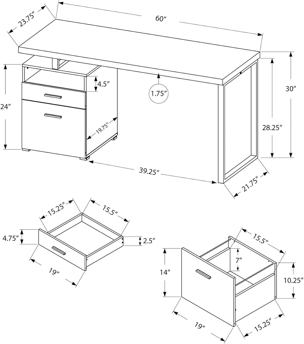 Monarch Specialties Computer Writing Desk for Home & Office Laptop Table with Drawers Open Shelf and File Cabinet-Left or Right Set Up, 60' L, Dark Taupe