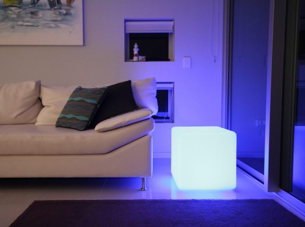 Mr.Go 14-Inch Color Changing LED Cube Light Stool, Glow Cube Seat for Kids, Modern LED Light Side Table, 16 RGB Colors Mood Lighting, Ideal for Home Garden Patio Bar Pool Party Decorative Lighting