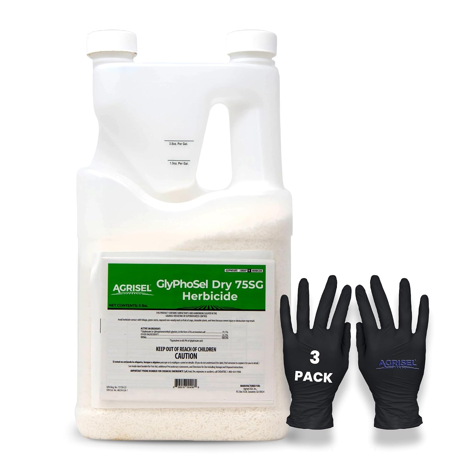 Agrisel GlyPhoSel Pro Dry Weed Killer, Fast-Acting, Targets Tough Weeds from Leaf to Root, Easy-to-Use Tip & Pour Container, Pet Safe, Includes 3-Pack of Agrisel Protective Gloves, 5 Pounds
