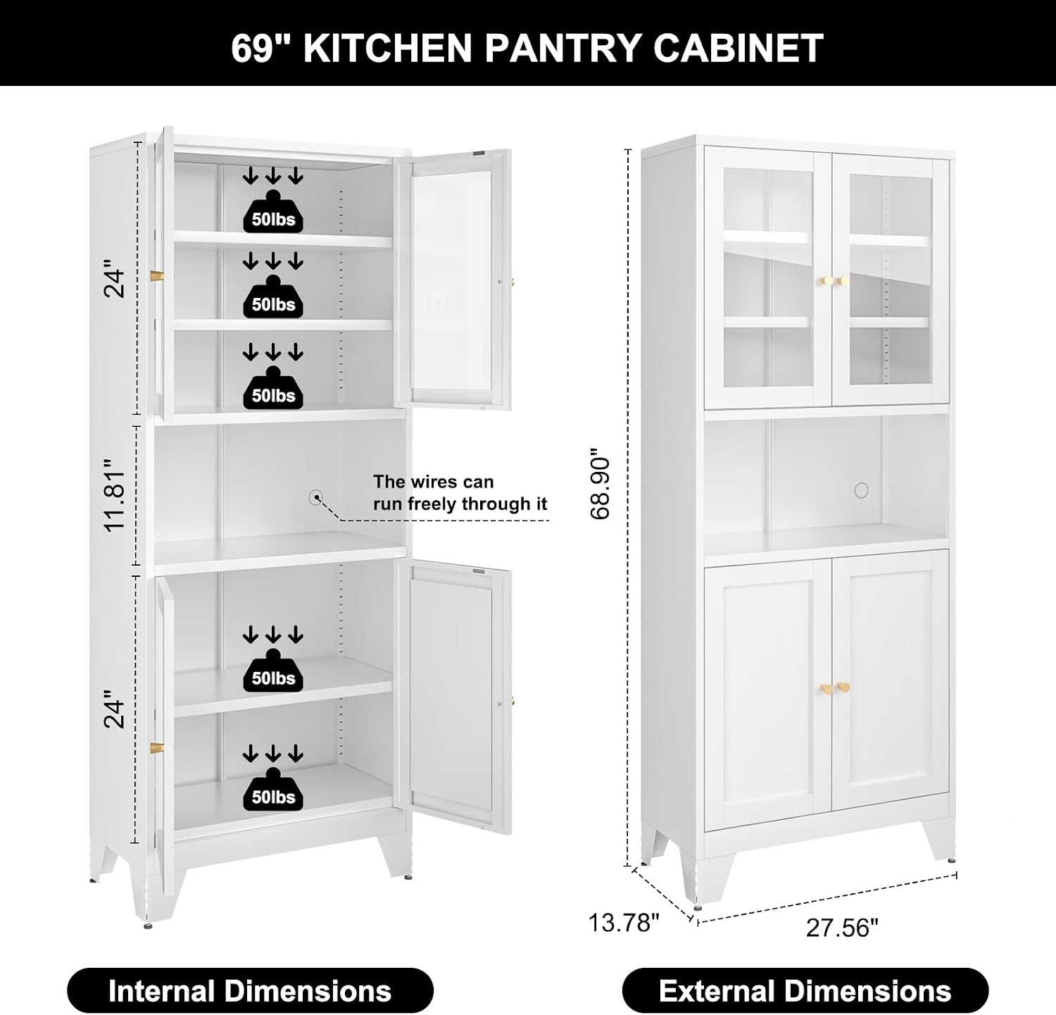 Bevivog 69' Pantry Cabinet,Tall Metal Storage Cabinet with 2 Glass Doors, Freestanding Display Cupboard Tall Bathroom Linen Cabinets with 5 Shelves Storage for Living Room Kitchen Pantry