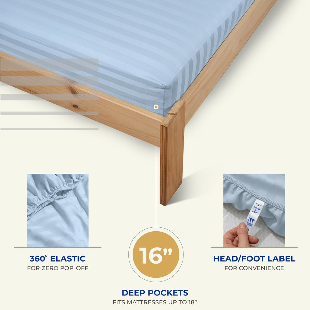 THREAD SPREAD Queen Sheet Set, Luxury 1000 Series Paradise Collection 100% Egyptian Cotton Damask Striped Bed Sheets Queen Size (4 PC, Light Blue Stripe), Cooling 16' Deep Pocket Hotel Sheet Set
