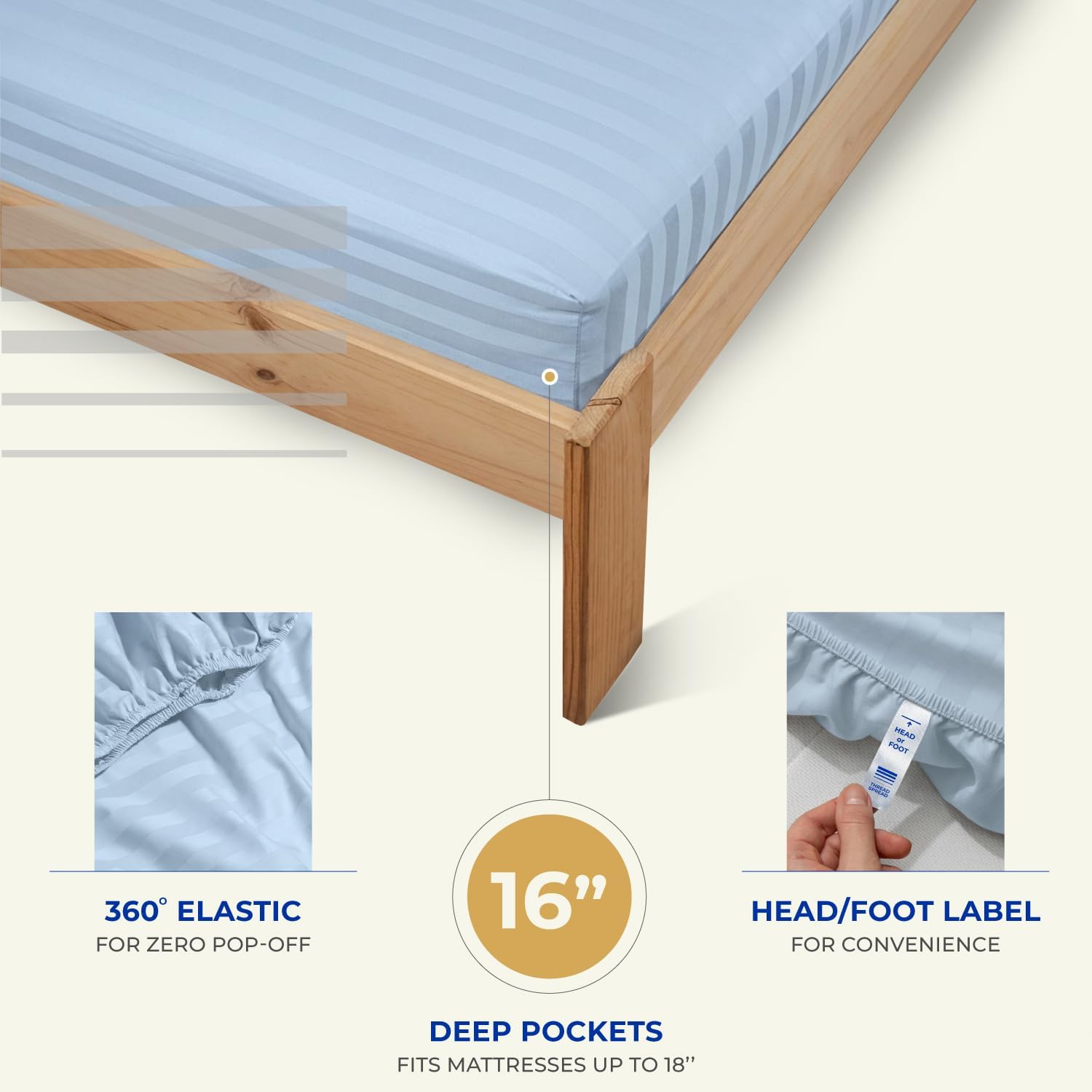 THREAD SPREAD Queen Sheet Set, Luxury 1000 Series Paradise Collection 100% Egyptian Cotton Damask Striped Bed Sheets Queen Size (4 PC, Light Blue Stripe), Cooling 16' Deep Pocket Hotel Sheet Set