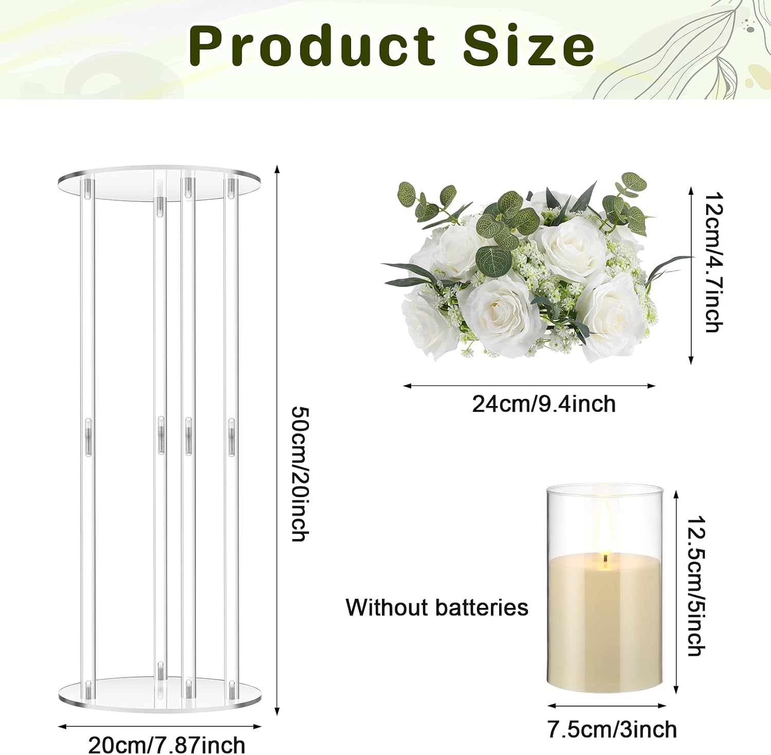 Daifunli 6 Set 20 Inch Tall Acrylic Vase Stand Wedding Centerpieces Holder with Artificial Flower Balls and LED Lights Candles for Wedding Party Table Home Decorations