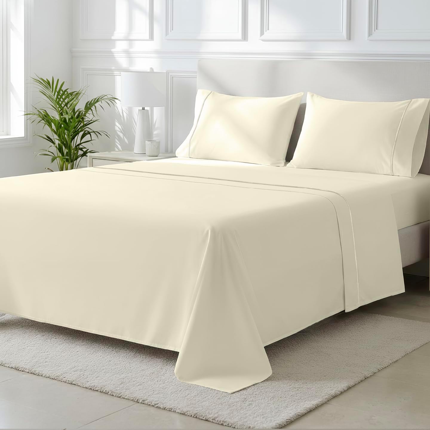 THREAD SPREAD 100% Egyptian Cotton California King Sheets Set - 2000 Series Luxury Cal King Bed Sheets, Soft & Cooling Sateen Weave, 17' Extra Deep Pocket Hotel Collection Sheet (4 Pc, Ivory)