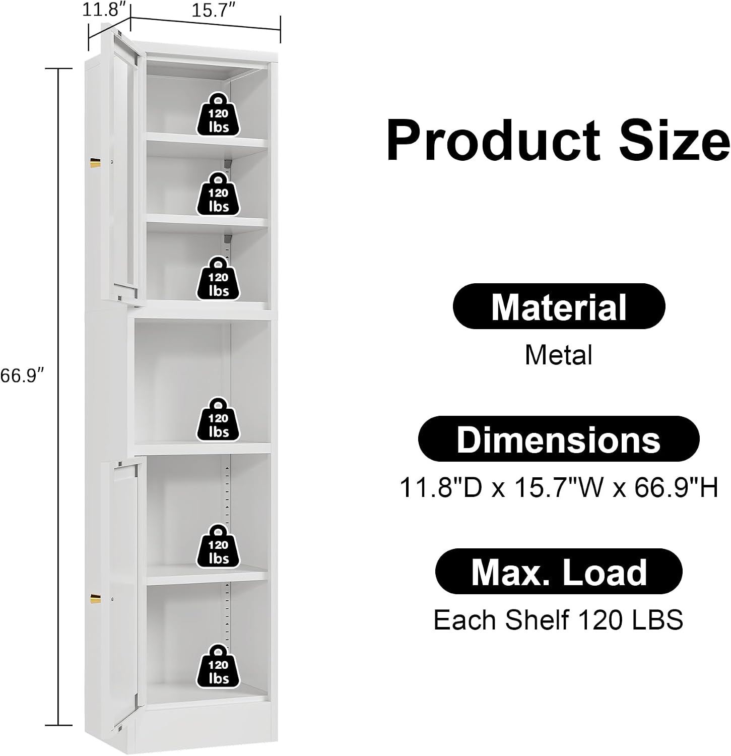 Narrow Glass Door Storage Cabinet Tall Metal Storage Cabinets with 4 Adjustable Shelves Freestanding 5 Tier Slim Pantry Cabinet for Kitchen Office Small Space