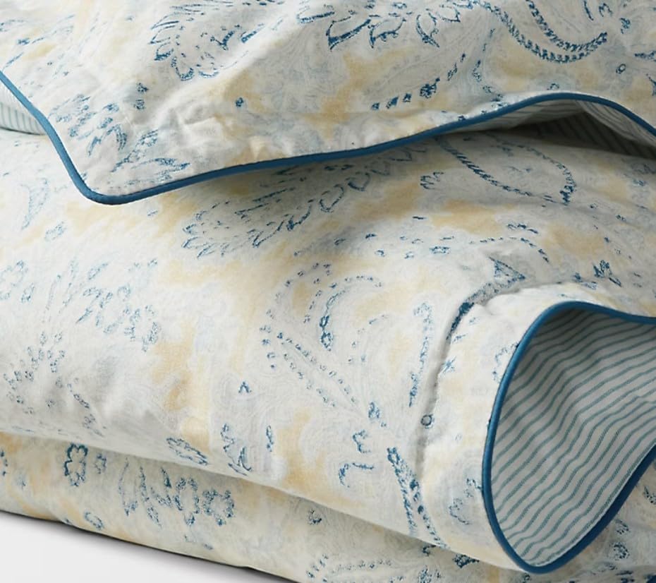 Lauren Ralph Lauren Marisa Full Queen 3 pc Comforter Set Shams Paisley Print Yellow, Blues on White Ground. Reverses to Blue Stripe.