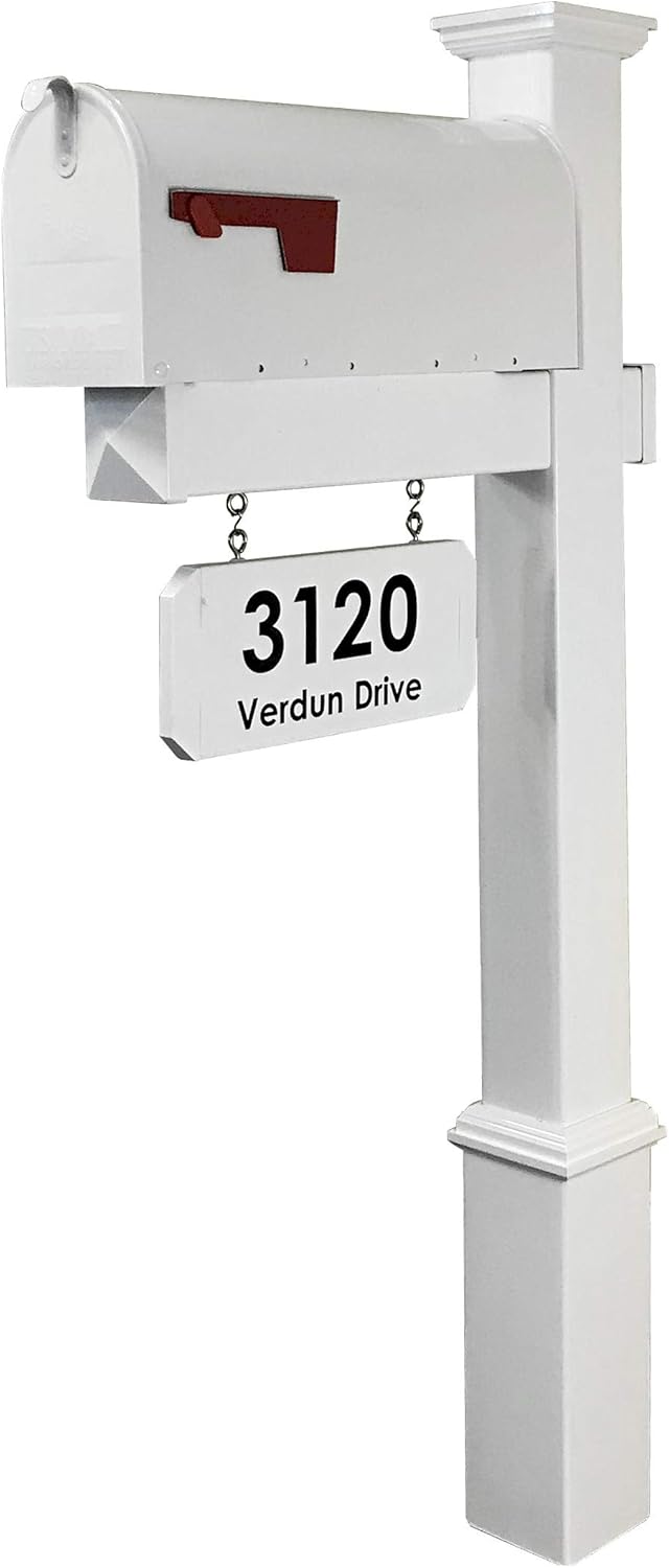 4Ever Products The Amelia Vinyl Mailbox Post System - Includes Steel Mailbox and Custom Street Address (White Mailbox)