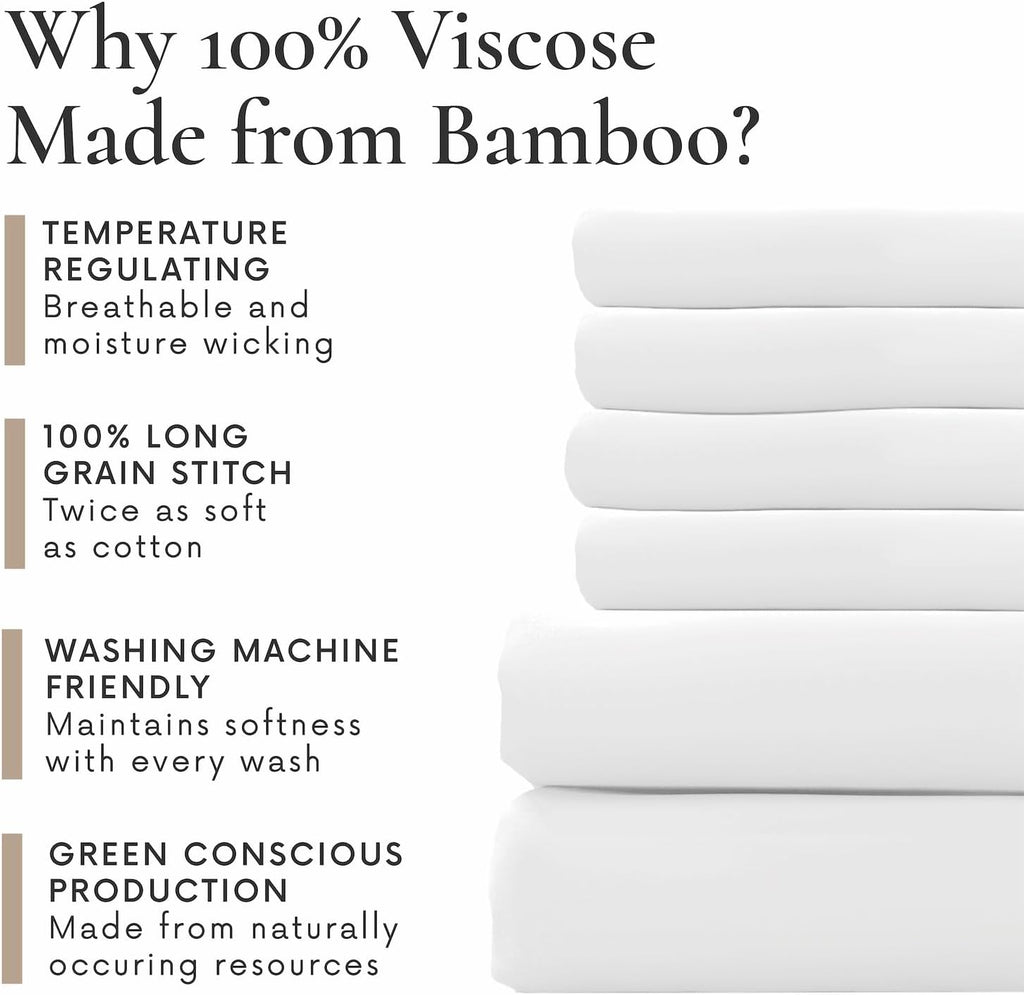 Bamboo Bay 6 Piece Queen Size Sheet Set, 100% Viscose Made from Bamboo, Breathable, Ultra Soft Cooling Bed Sheets for Hot Sleepers, Beddings with Deep Pockets Fit 16' Mattress, White