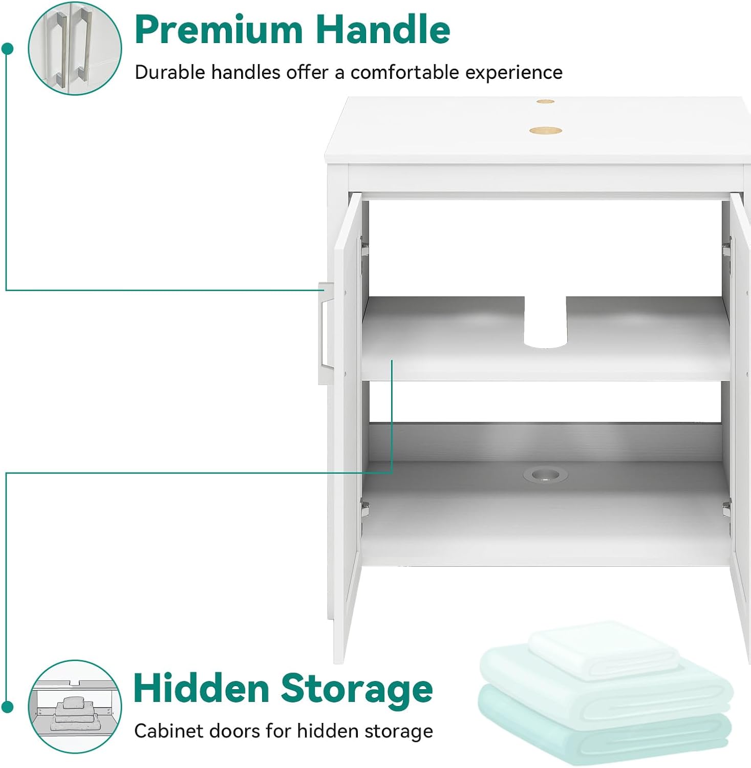 YOURLITE 30 Inches Traditional Bathroom Vanity Set with Single Faucet Hole, Clear Boat Glass Sink, White Finish, 2-Door Cabinet