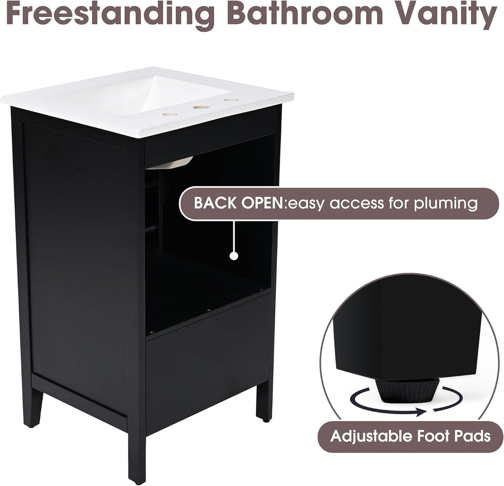 Favfurish 20' Bathroom Vanity with Sink,Water-Resistant Wood One Cabinet Vanities w/Door Shelf Storage and Adiustable Foot Pads,A Drawer,Multi-Functional Storger Space,Black