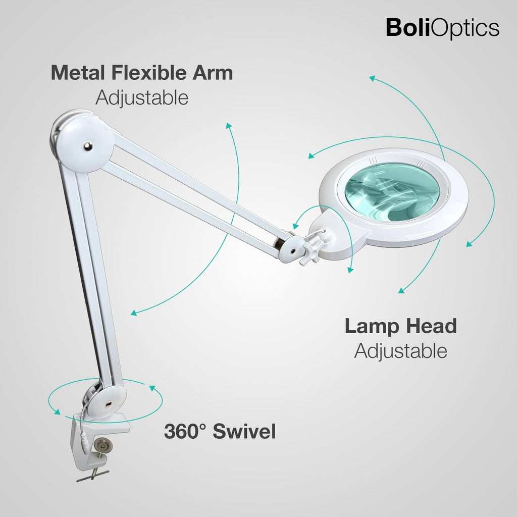 BoliOptics (7 inch Glass Lens) 1.75X, 3 Diopter, Professional LED Magnifying Lamp with Clamp, 4 Brightness Levels, 5600-6000K Daylight Bright, 1200 Lumens, 84 SMD LEDs, Adjustable Arm, MG16304311