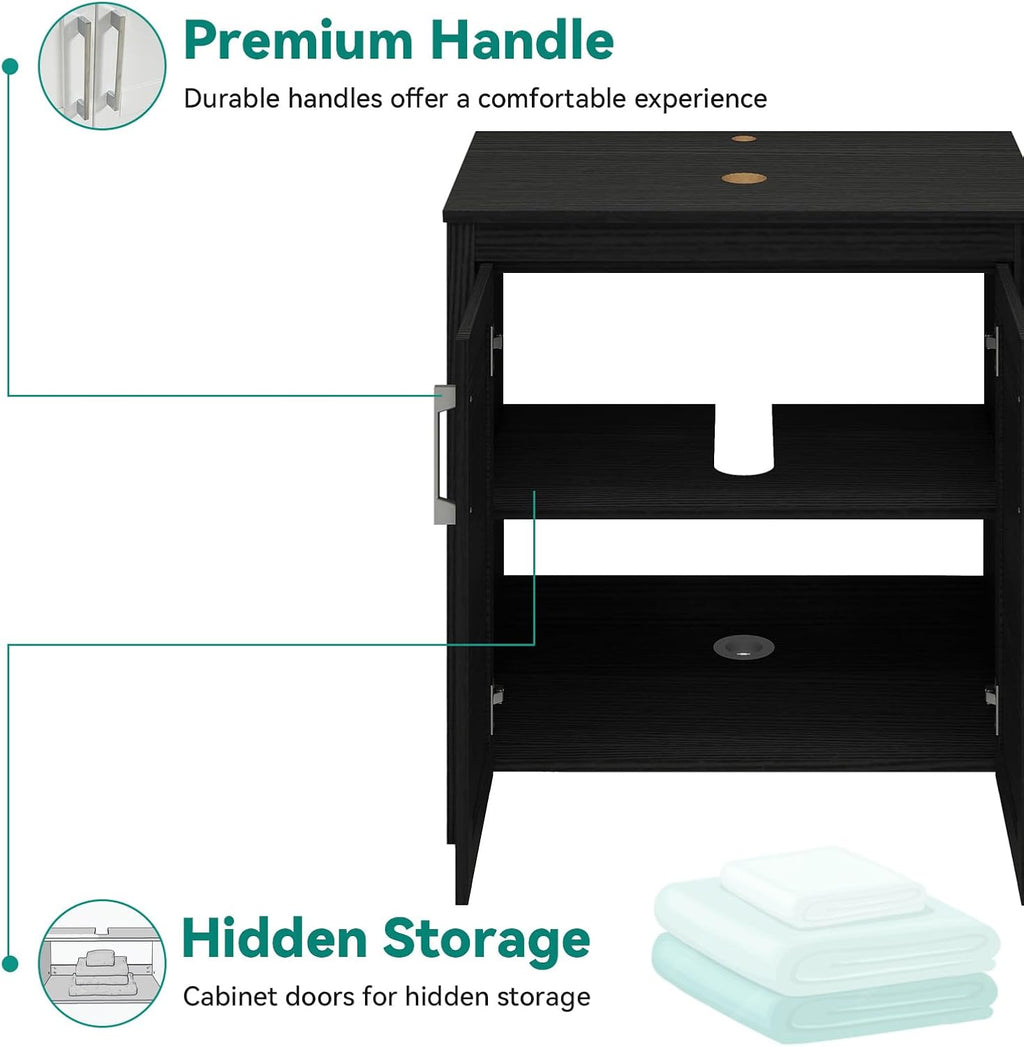 YOURLITE 30 Inches Traditional Bathroom Vanity Set with Single Faucet Hole, Clear Boat Glass Sink, Black Finish, 2-Door Cabinet