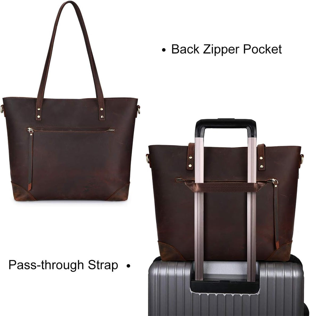 S-ZONE Vintage Genuine Leather Shoulder Bag Work Totes for Women Purse Handbag with Back Zipper Pocket Large