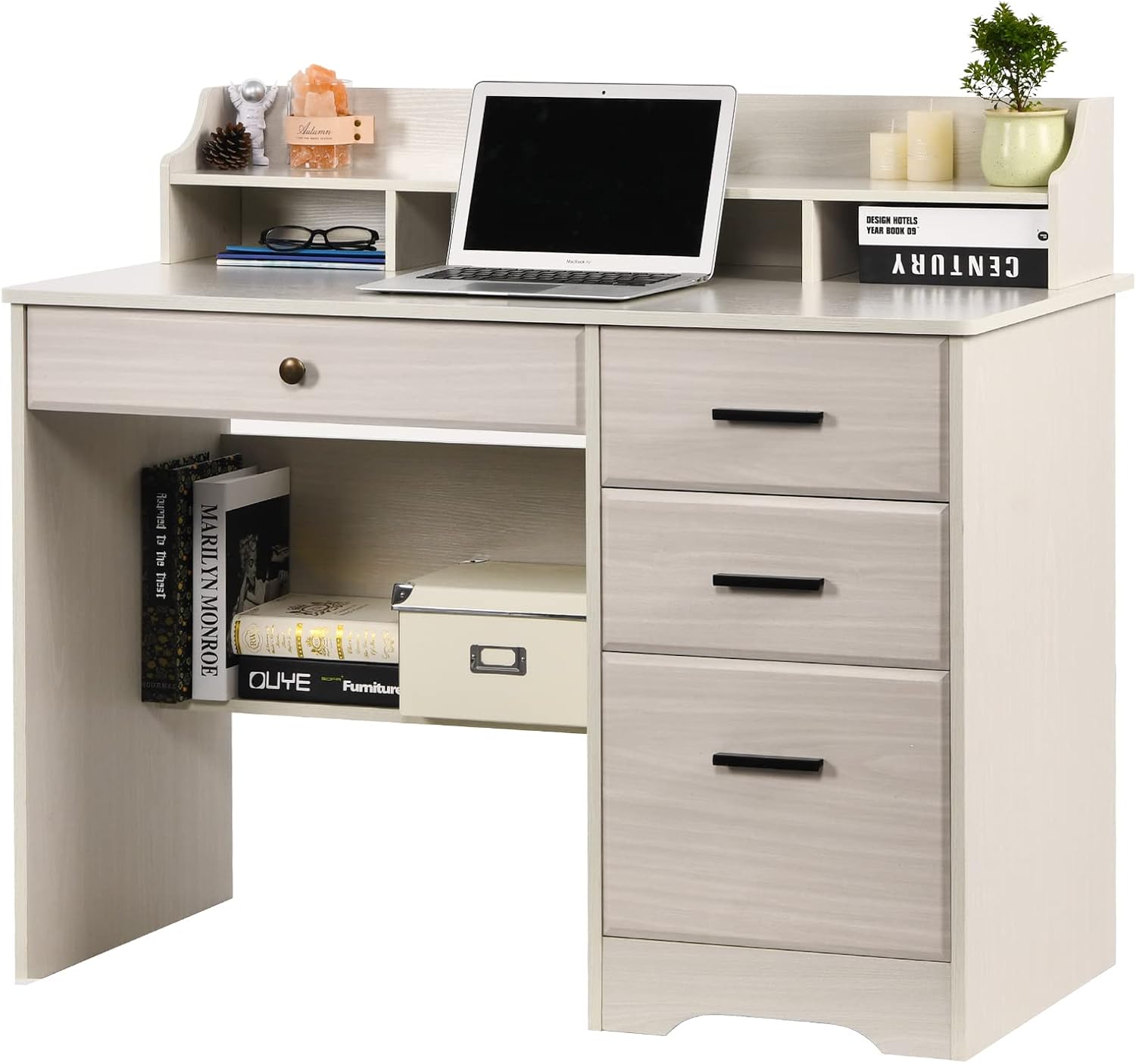 White Home Office Desk with 4 Drawers & Hutch, Computer Table for Bedroom, Off-White
