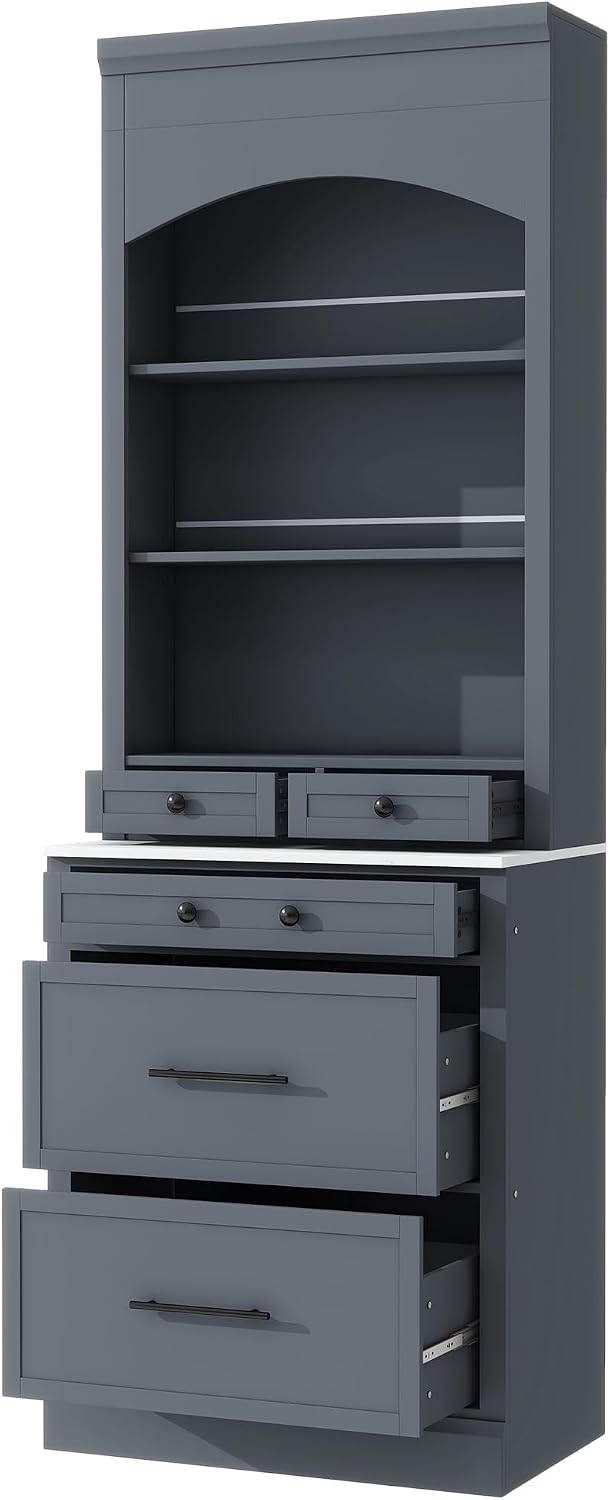 Modern 83.7inch High Kitchen Pantry, Freestanding Tall Kitchen Hutch with Faux Marble Top, Cupboard Cabinet with 5 Storage Drawers and Adjustable Shelf, Wood Storage Cabinet, Set of 2 (Gray-3)