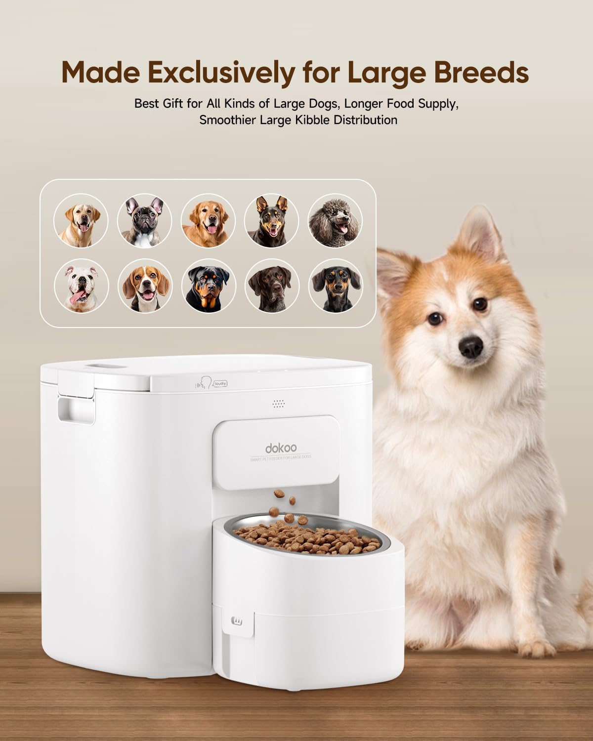 Automatic Dog Feeder for Large Breed, 15L/ 63Cups Vacuum-Sealed Airtight 100% Fresh Timed Home Auto Pet Feeder, Anti-Clog Pet Food Dispenser, 2-22mm Kibble, Voice Record, Dual Power, Stainless Steel