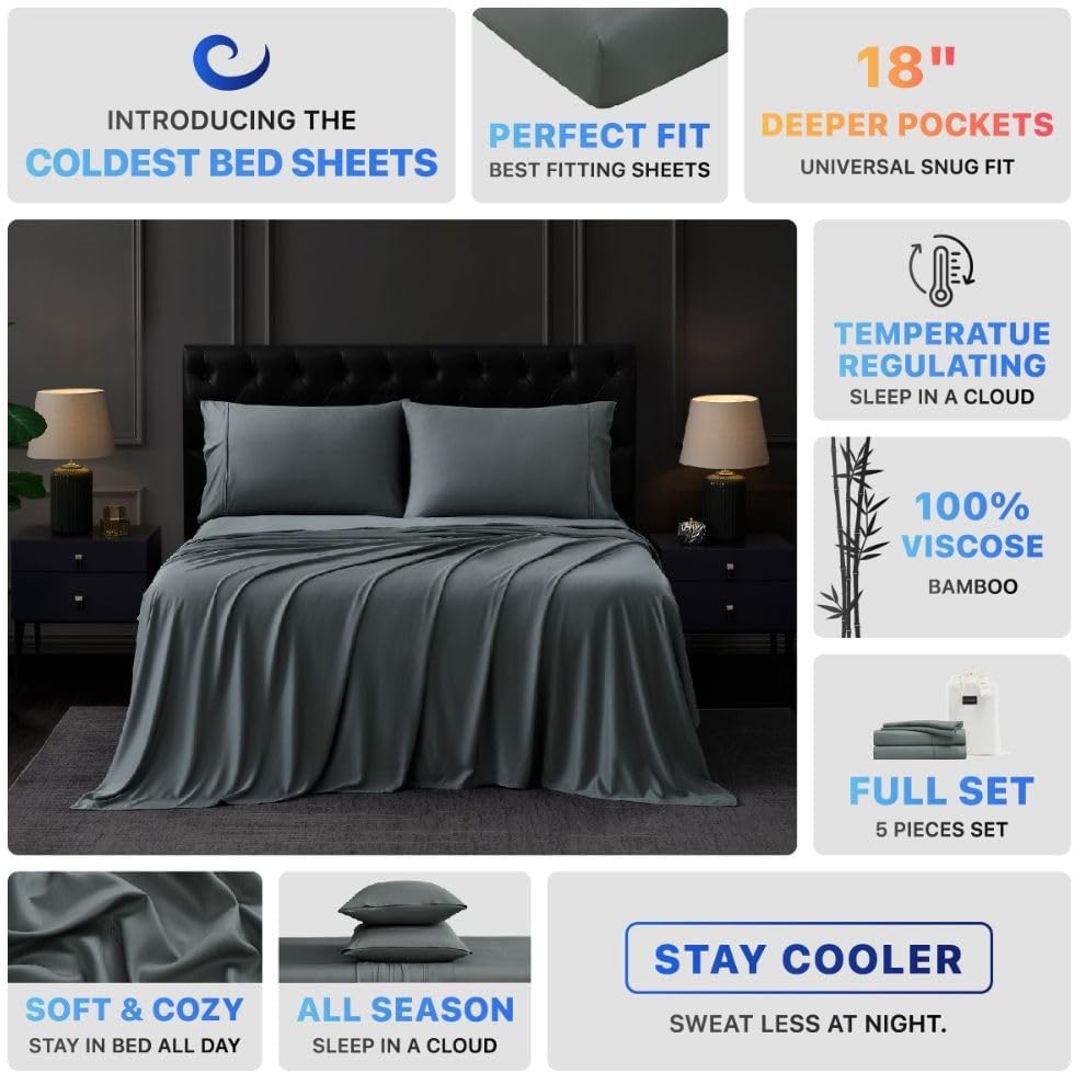 Coldest 100% Organic Viscose Derived from Bamboo Sheets, Luxury Ultra Soft & Cooling, Deep Pocket, Double Stitching - Ideal for Hot Sleepers - Queen Size 5 Pieces Set