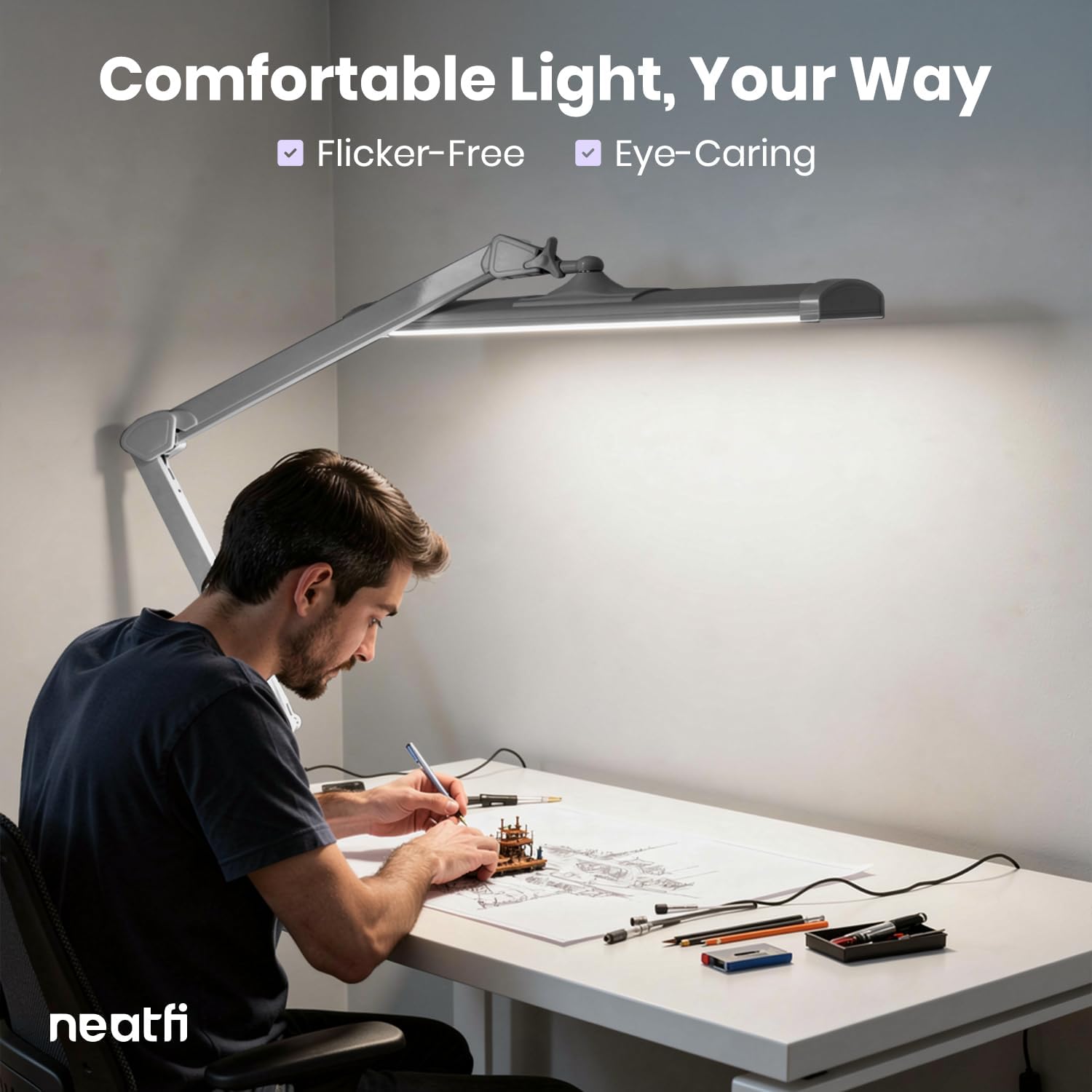 Neatfi 3,500 Lumens LED Desk Lamp – 45W Dimmable Task Light | Adjustable Color Temperature | 3 Light Modes | 540 SMD LEDs | Reading, Craft, Workbench & Office (Silver-2, 26-Inch Wide Shade)