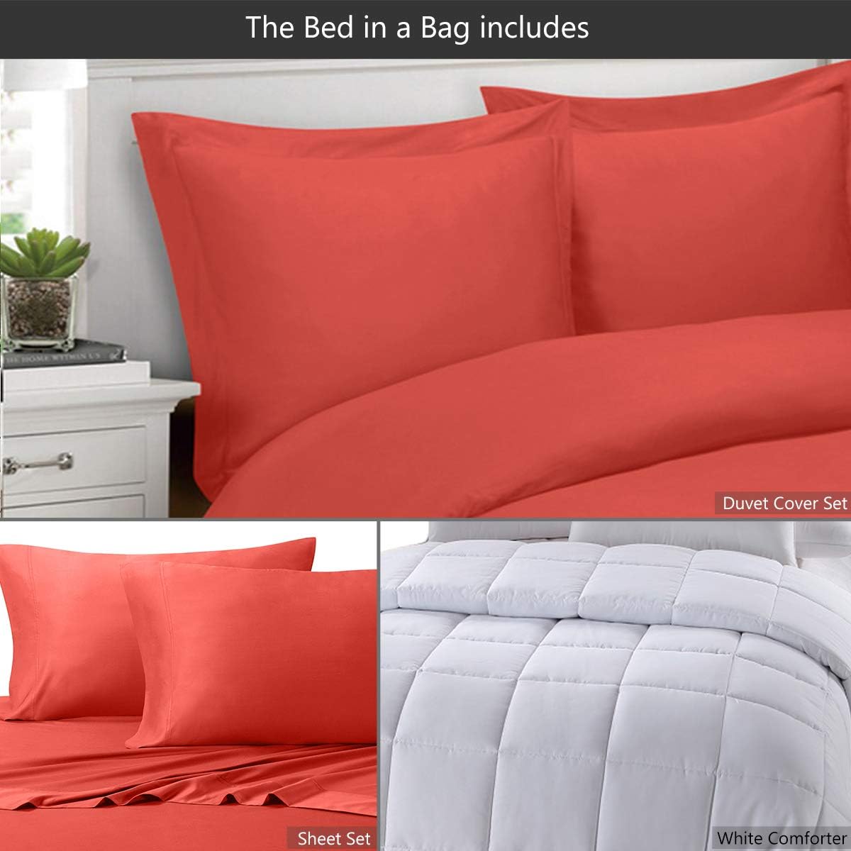 Royal Tradition 8 Pieces Bed in a Bag Set: Full Size, Viscose from Bamboo, Solid Coral (Sheet Set & Duvet Cover Set) + White Down Alternative Comforter
