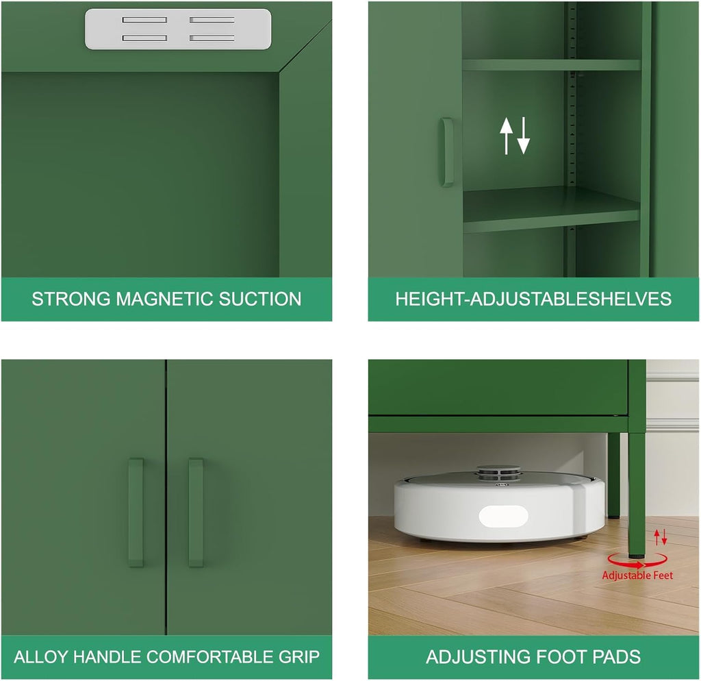 2 Door Metal Locker Storage Cabinet,40' H Green Cabinets for Storage with Doors, Freestanding Small Sideboard Pantry Cabinet for Small Spaces,Hallway,Home Office, Kitchen and Living Room