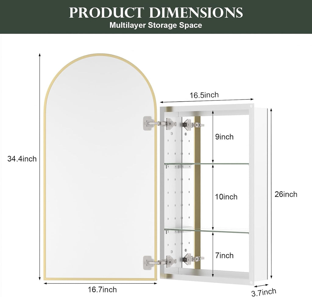 WallBeyond Bathroom Medicine Cabinet with Mirror, 17x34 Inch Gold Recessed Medicine Cabinet with Arch Aluminum Alloy Metal Framed, Single Door Modern Medicine Cabinet with Storage